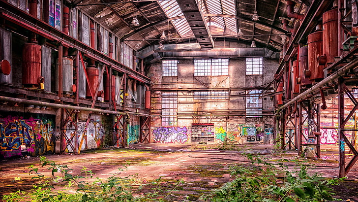 ruins, factory, industrial area, ruin, graffiti, old, abandoned, neglected, place, lost place, indoor, building, photograph, industrial building, HD wallpaper