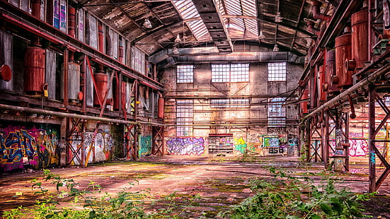 ruinas, fábrica, área industrial, ruina, graffiti, antiguo, abandonado, descuidado, lugar, lugar perdido, interior, edificio, fotografía, edificio industrial, Fondo de pantalla HD HD wallpaper