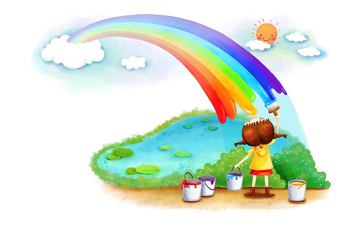 girl painting rainbow illustration, rainbow, girl, paints, HD wallpaper