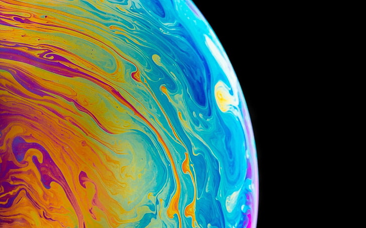 colorful, soap, bubble, black, abstract, sphere, shapes, HD wallpaper