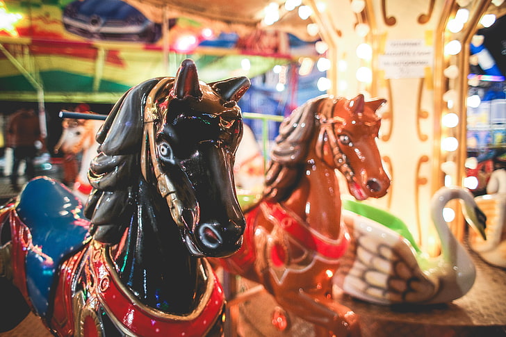 black and brown horse carousel, carousel, horse, amusement, HD wallpaper