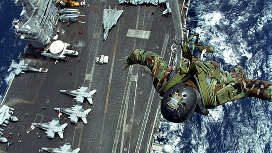 soldier free falling wallpaper, military, soldier, military aircraft, aircraft carrier, United States Navy, paratroopers, FA-18 Hornet, Grumman F-14 Tomcat, Grumman E-2 Hawkeye, HD wallpaper HD wallpaper