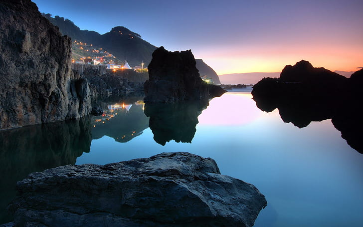 Porto Moniz, isole di roccia nera, acqua, spiaggia, porto, moniz, natura e paesaggi, Sfondo HD