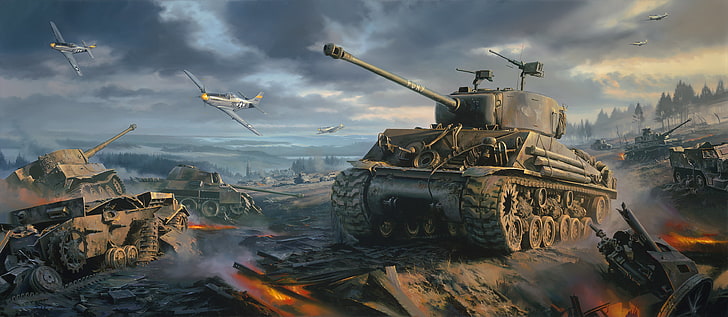 gray military tank illustration, war, art, painting, ww2, Movie, P-51 Mustang, Fury, Sherman tank, HD wallpaper