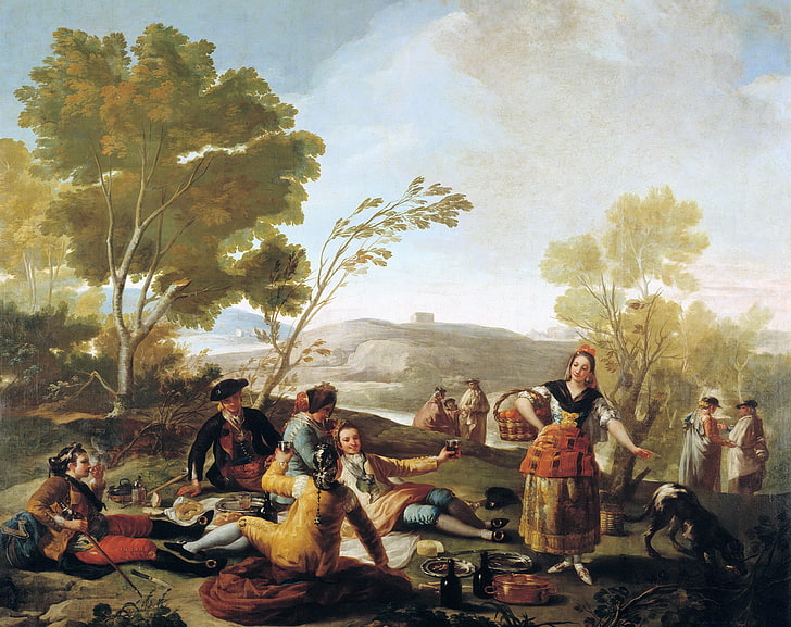 homme et femme peignant, arbres, paysage, personnes, image, pique-nique, genre, Francisco Goya, Fond d'écran HD