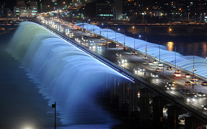 banpo, bridge, fountain, korea, lights, night, rainbow, seoul, south, HD wallpaper