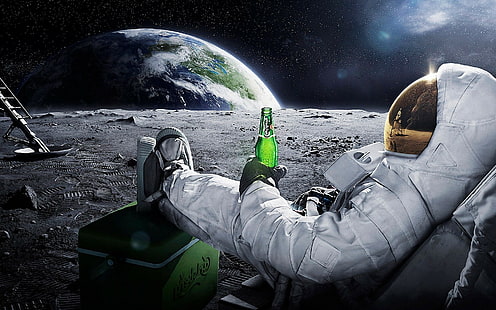 Реклама, космонавт, пиво, carlsberg, Земля, Луна, космос, звёзды, HD обои HD wallpaper