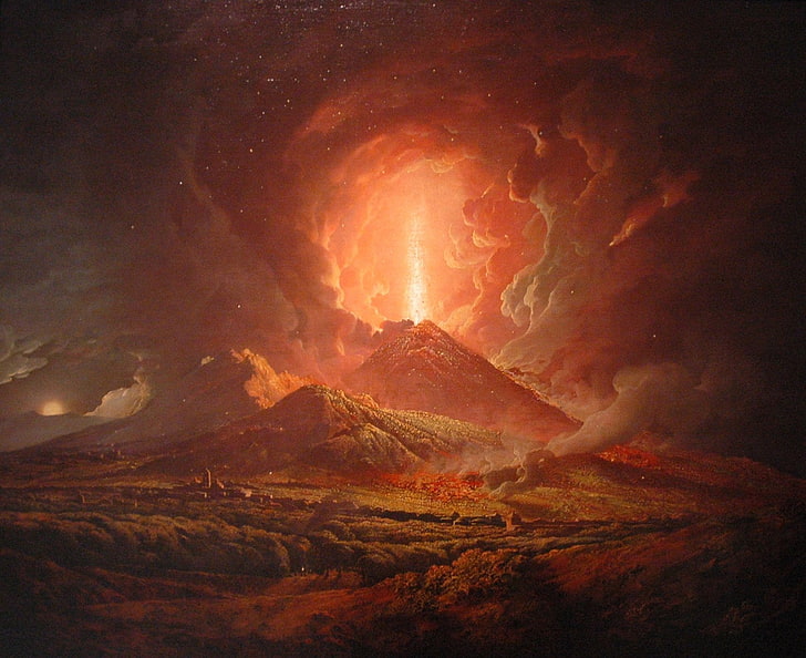 artwork, fire, landscape, Lava, mountain, mountains, nature, painting, volcano, HD wallpaper