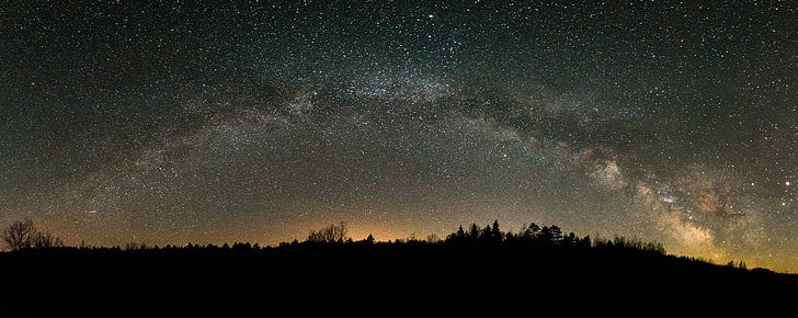 silhuettfoto av berg, galax, stjärnor, rymd, Kanada, natt, Vintergatan, panorama, Lake Airstrip, sjö, Ontario, HD tapet