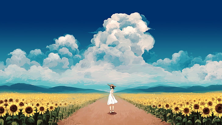 женский персонаж аниме обои, аниме девушки, платье, подсолнухи, облака, оглядываясь назад, осу, HD обои