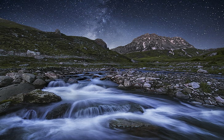 ธรรมชาติ, ภูมิทัศน์, การเปิดรับแสงเป็นเวลานาน, แม่น้ำ, ภูเขา, กลางคืนที่เต็มไปด้วยดวงดาว, วอลล์เปเปอร์ HD