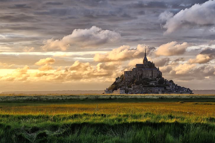 Mont Saint-Michel, Normandie, paisaje, arquitectura, puesta de sol, Fondo de pantalla HD