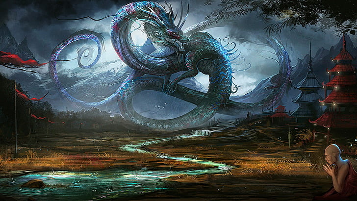 blue dragon illustration digital wallpaper, fantasy art, dragon, HD wallpaper