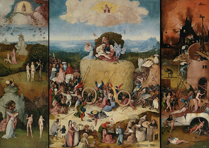ヒエロニムス・ボッシュ、右翼-地獄、1490-1500、三連祭壇画「干し草」、左翼-天使のfall落の楽園、 HDデスクトップの壁紙