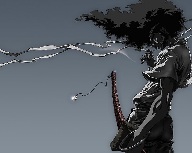 papier peint samouraï aux cheveux noirs, samouraï afro, cigarette, Fond d'écran HD