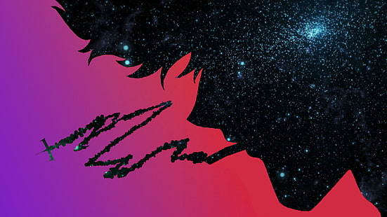 мъж илюстрация за пушене, аниме, аниме момчета, звезди, Каубой Бибоп, тъмно, лилав фон, фен изкуство, прост фон, космическа совалка, пушене, Спайк Шпигел, HD тапет HD wallpaper