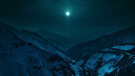 montagna, montagne, neve, notte, luna, natura, Sfondo HD HD wallpaper