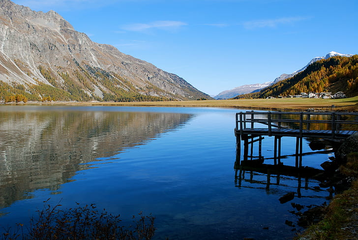 dock beside lake, Indian Summer, dock, Maloja, Switzerland, Engadin, St., Moriz, Lake, Tree, Colors, Country, Hills, Water, Mountains, Sky, Clouds, Grass, Nature, Pure, Reflection, Fall, mountain, landscape, outdoors, scenics, HD wallpaper
