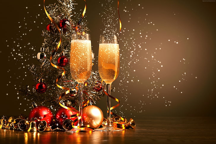 balls, decorations, Christmas, champagne, 4K, New Year, HD wallpaper