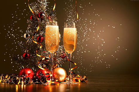 balls, decorations, Christmas, champagne, 4K, New Year, HD wallpaper HD wallpaper