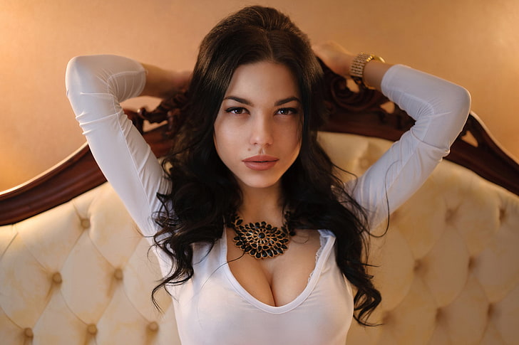 women's scoop-neck long-sleeved top, women, brunette, brown eyes, clevage, arms up, necklace, long hair, wavy hair, face, portrait, tanned, Marina Shimkovich, Anton Pechkurov, HD wallpaper