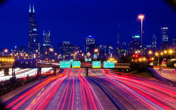 timelapse de vehículos, Chicago, autopista, carretera, larga exposición, noche, paisaje urbano, viñeta, senderos de luz, Fondo de pantalla HD