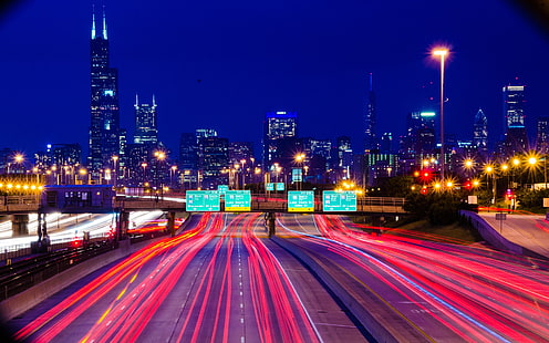 замедленная съемка автомобилей, Чикаго, шоссе, дорога, длительная выдержка, ночь, городской пейзаж, виньетка, световые трассы, HD обои HD wallpaper