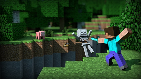 Minecraft илюстрация, игра на две момчета, Minecraft, видео игри, Стив, скелет, прасета, HD тапет HD wallpaper