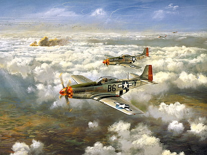 o céu, nuvens, figura, lutadores, aeronaves, WW2, exército, monomotor, apoio, Mustang norte-americano P-51D-5, longe, HD papel de parede HD wallpaper