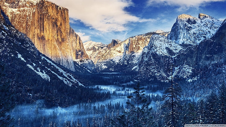 karla kaplı dağ duvar kağıdı, Yosemite Ulusal Parkı, kar, dağlar, doğa, HD masaüstü duvar kağıdı