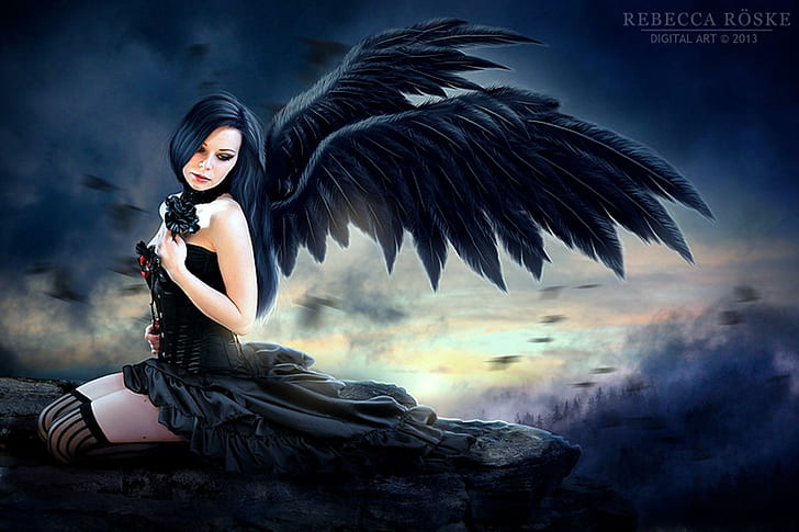 Into the Dark, dark, night, girl, gothic, beautiful, woman, fantasy, angel, blue, wings, dark-angel, beauty, Fondo de pantalla HD