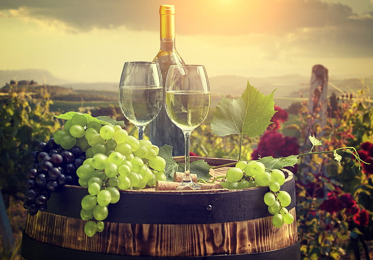 wine, glasses, barrel, bunches of grapes, HD wallpaper