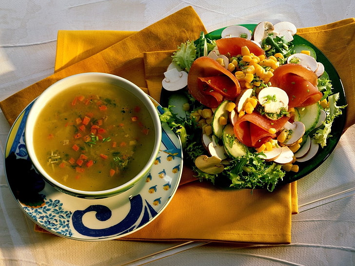 vegetable salad, soup, salad, vegetables, plate, HD wallpaper