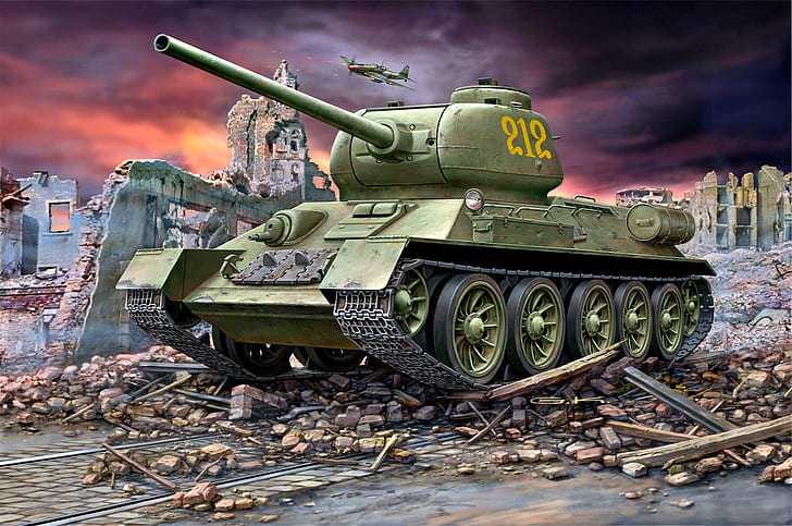 le rovine, carro armato, sovietico, media, T-34-85, principale, calibro c gun di 85 mm, sospensione Christie, mattoni rotti, durante la seconda guerra mondiale, Sfondo HD