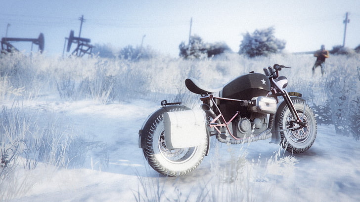white and black standard motorcycle, Rockstar Games, Grand Theft Auto V, Grand Theft Auto Online, motorcycle, snow, HD wallpaper
