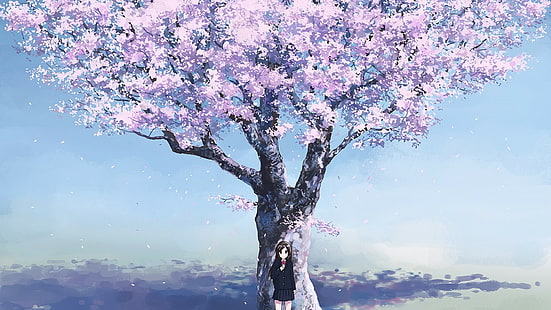 anime, chicas anime, personajes originales, flor de cerezo, morena, uniforme escolar, cielo, Fondo de pantalla HD HD wallpaper