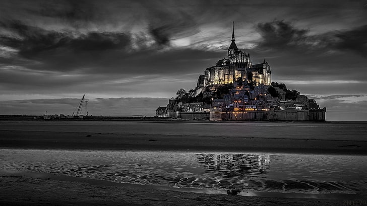 corrección de color, negro, castillo, mar, Francia, arena, luces, Fondo de pantalla HD