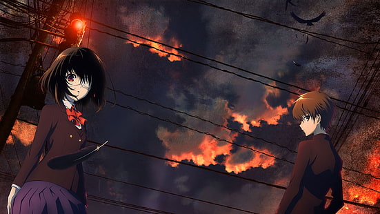 Un autre, anime, Misaki Mei, anime girls, plumes, sombre, ciel, Fond d'écran HD HD wallpaper