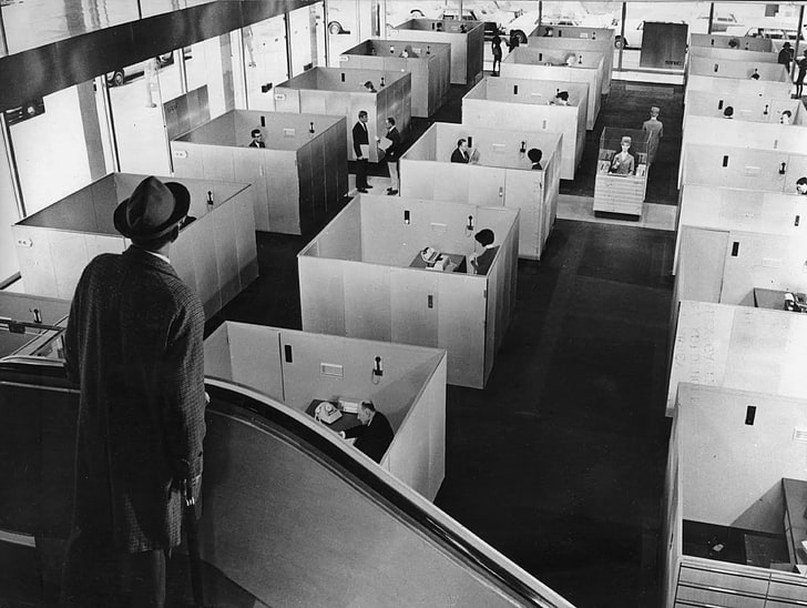 rectangular white wooden dining table with chairs set, Jacques Tati, Monsieur Hulot, Playtime, office, movies, monochrome, HD wallpaper