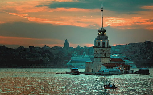乙女の塔、トルコ、イスタンブール、イスタンブール、ボスポラス海峡、桟橋、船、 HDデスクトップの壁紙 HD wallpaper