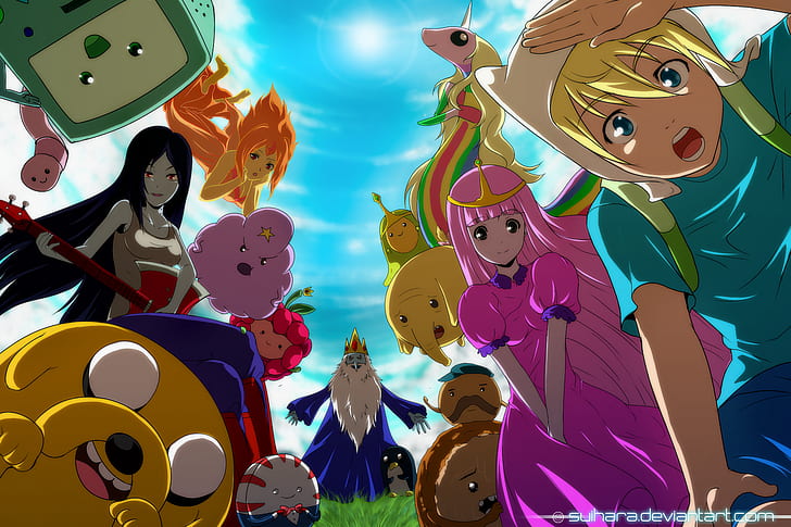 cartoon, Adventure Time, Princess Bubblegum, B-MO, Ice King, Jake the Dog, Marceline the vampire queen, BMO, Flame Princess, Lady Rainicorn, Lumpy Space Princess, HD wallpaper