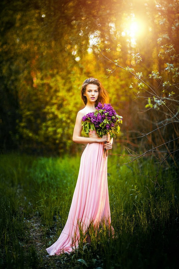 women, dress, grass, pink dress, lilac, women outdoors, model, blue eyes, HD wallpaper