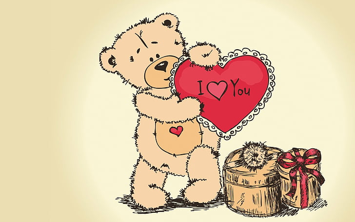 мечка, рисунка, сърце, любов, боя, Теди, HD тапет