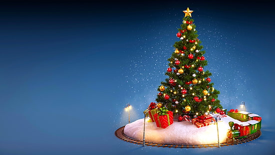 árbol de navidad, tren de juguete, navidad, azul, navidad, Fondo de pantalla HD HD wallpaper