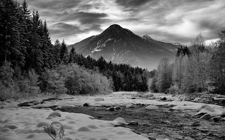 Mountains Landscape River Snow Winter BW Rocks Stones Forest Trees HD, grayscale photo of mountain, nature, landscape, trees, mountains, bw, snow, forest, rocks, winter, stones, river, HD wallpaper