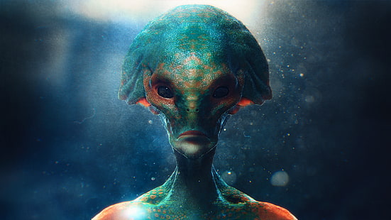 fondo de pantalla digital alienígena azul y naranja, extraterrestres, CG, 3D, render, ciencia ficción, arte digital, Fondo de pantalla HD HD wallpaper