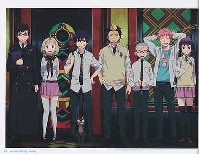 Blue Exorcist, Rin Okumura, Okumura Yukio, Suguro Ryuji, Shima Renzou, Kuro, Moriyama Shiemi, Kamiki Izumo, Miwa Konekomaru, HD tapet HD wallpaper
