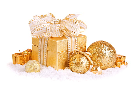 gold present box, gift, box, gold, toys, balloons, new year, white background, HD wallpaper HD wallpaper