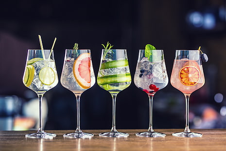 several glass goblets, glasses, fruit, drinks, Cocktails, HD wallpaper HD wallpaper