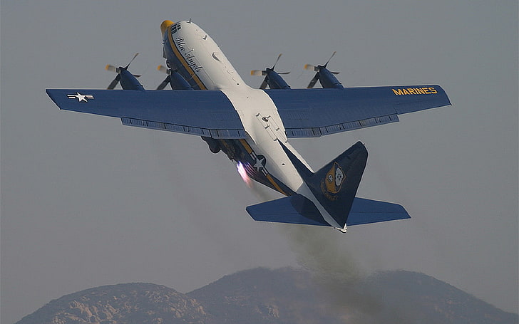 biało-niebieskie samoloty Marines, samoloty, Lockheed C-130 Hercules, Blue Angels, samolot, samoloty wojskowe, USMC, Tapety HD
